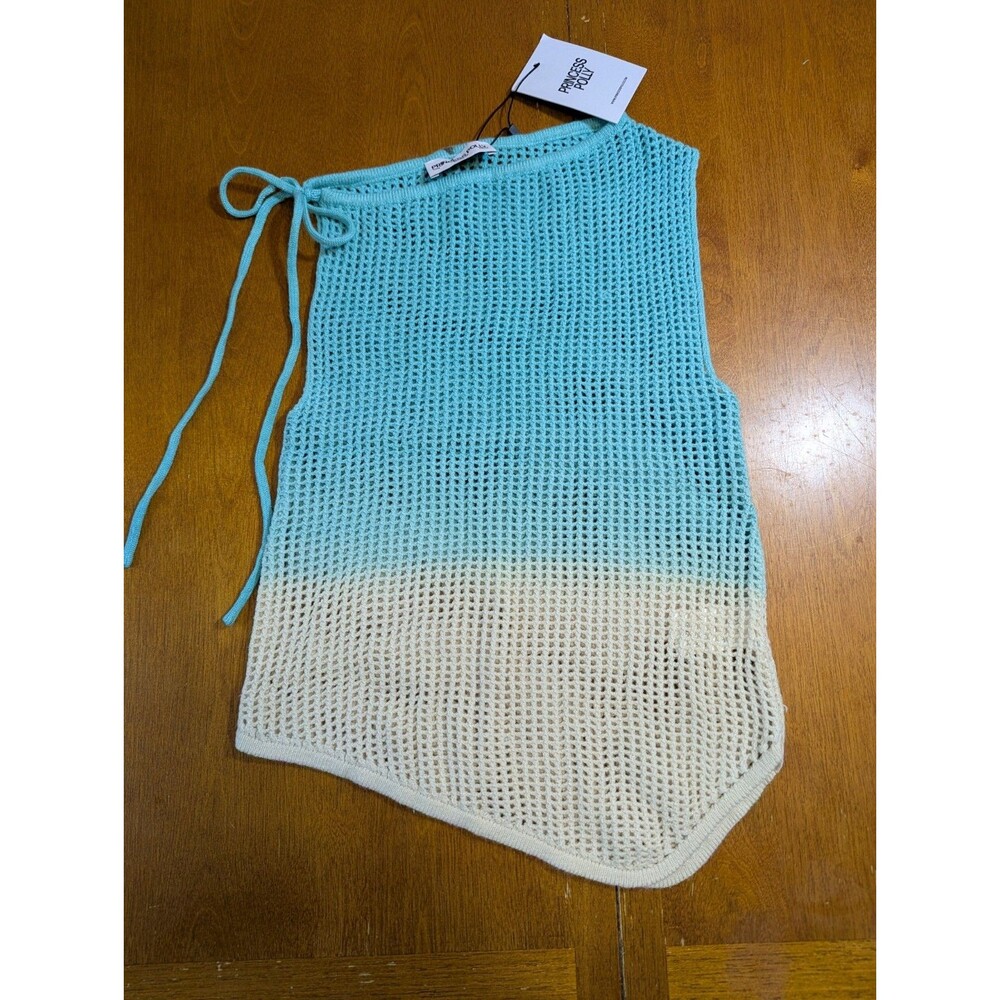 Princess Polly Crochet Knit Top Sz 6 Blue Cream Ombre Mesh Open Stitch Flaw NWT